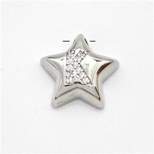 Copper Star Pendant Pave Zirconia Letter-K Large Hole Platinum Plated, approx 16mm, 3mm hole