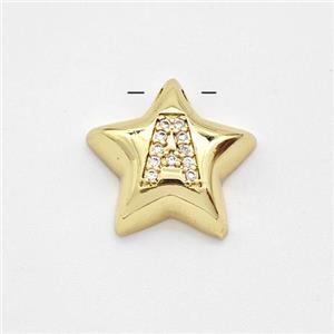 Copper Star Pendant Pave Zirconia Letter-A Large Hole Gold Plated, approx 16mm, 3mm hole