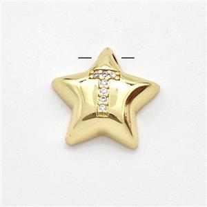 Copper Star Pendant Pave Zirconia Letter-T Large Hole Gold Plated, approx 16mm, 3mm hole