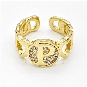 Copper Ring Pave Zirconia Letter-P Gold Plated, approx 12mm, 18mm dia