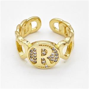 Copper Ring Pave Zirconia Letter-R Gold Plated, approx 12mm, 18mm dia