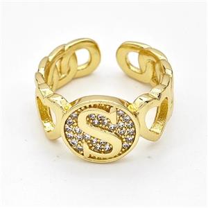 Copper Ring Pave Zirconia Letter-S Gold Plated, approx 12mm, 18mm dia