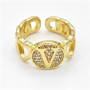 Copper Ring Pave Zirconia Letter-V Gold Plated, approx 12mm, 18mm dia