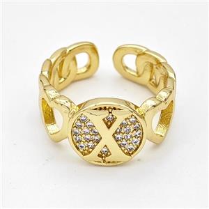 Copper Ring Pave Zirconia Letter-X Gold Plated, approx 12mm, 18mm dia