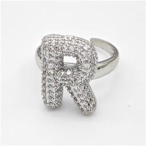 Copper Ring Pave Zirconia Letter-R Platinum Plated, approx 14-19mm, 18mm dia