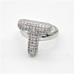 Copper Ring Pave Zirconia Letter-T Platinum Plated, approx 14-19mm, 18mm dia