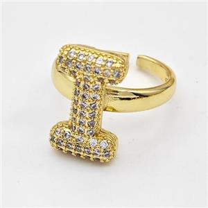 Copper Ring Pave Zirconia Letter-I Gold Plated, approx 14-19mm, 18mm dia