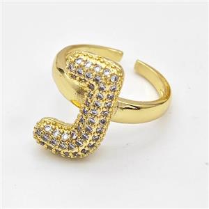 Copper Ring Pave Zirconia Letter-J Gold Plated, approx 14-19mm, 18mm dia