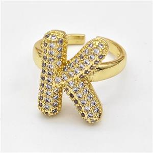 Copper Ring Pave Zirconia Letter-K Gold Plated, approx 14-19mm, 18mm dia