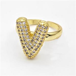 Copper Ring Pave Zirconia Letter-V Gold Plated, approx 14-19mm, 18mm dia