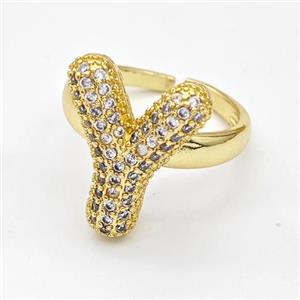 Copper Ring Pave Zirconia Letter-Y Gold Plated, approx 14-19mm, 18mm dia