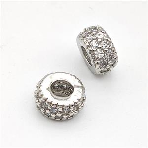 Copper Rondelle Beads Micro Pave Zirconia Large Hole Platinum Plated, approx 8mm, 3mm hole