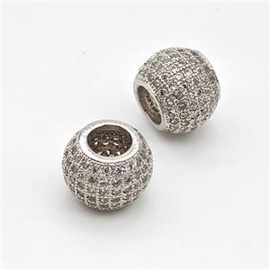 Copper Round Beads Micro Pave Zirconia Large Hole Platinum Plated, approx 8-10mm, 4mm hole