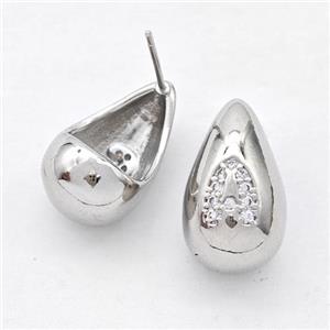 Copper Teardrop Stud Earring Pave Zirconia Letter-A Platinum Plated, approx 11-18mm