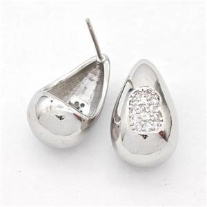 Copper Teardrop Stud Earring Pave Zirconia Letter-B Platinum Plated, approx 11-18mm