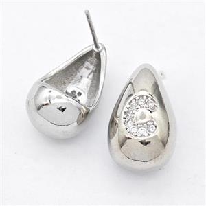 Copper Teardrop Stud Earring Pave Zirconia Letter-C Platinum Plated, approx 11-18mm