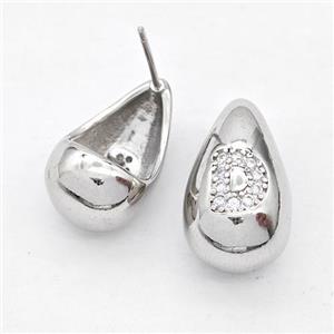 Copper Teardrop Stud Earring Pave Zirconia Letter-D Platinum Plated, approx 11-18mm