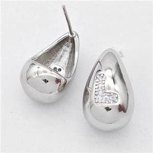 Copper Teardrop Stud Earring Pave Zirconia Letter-L Platinum Plated, approx 11-18mm