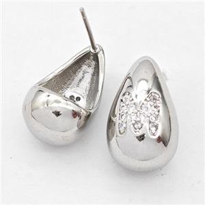 Copper Teardrop Stud Earring Pave Zirconia Letter-M Platinum Plated, approx 11-18mm