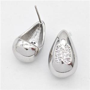 Copper Teardrop Stud Earring Pave Zirconia Letter-N Platinum Plated, approx 11-18mm