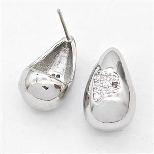 Copper Teardrop Stud Earring Pave Zirconia Letter-P Platinum Plated, approx 11-18mm