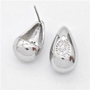 Copper Teardrop Stud Earring Pave Zirconia Letter-Q Platinum Plated, approx 11-18mm