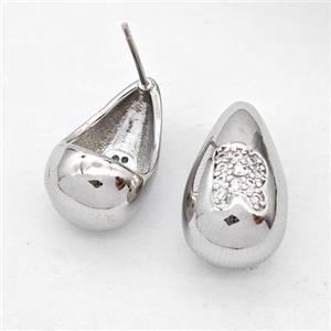 Copper Teardrop Stud Earring Pave Zirconia Letter-R Platinum Plated, approx 11-18mm