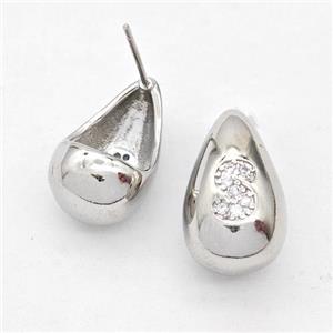 Copper Teardrop Stud Earring Pave Zirconia Letter-S Platinum Plated, approx 11-18mm