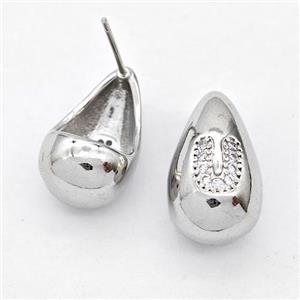 Copper Teardrop Stud Earring Pave Zirconia Letter-U Platinum Plated, approx 11-18mm