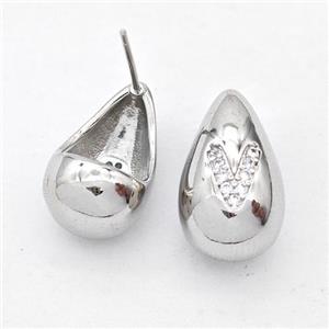 Copper Teardrop Stud Earring Pave Zirconia Letter-V Platinum Plated, approx 11-18mm