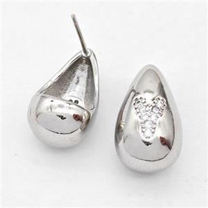 Copper Teardrop Stud Earring Pave Zirconia Letter-Y Platinum Plated, approx 11-18mm