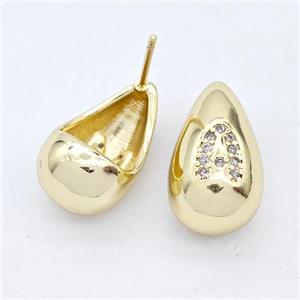 Copper Teardrop Stud Earring Pave Zirconia Letter-A Gold Plated, approx 11-18mm