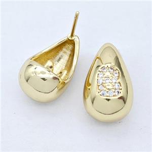 Copper Teardrop Stud Earring Pave Zirconia Letter-B Gold Plated, approx 11-18mm