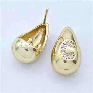 Copper Teardrop Stud Earring Pave Zirconia Letter-C Gold Plated, approx 11-18mm