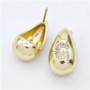 Copper Teardrop Stud Earring Pave Zirconia Letter-G Gold Plated, approx 11-18mm