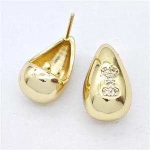 Copper Teardrop Stud Earring Pave Zirconia Letter-I Gold Plated, approx 11-18mm