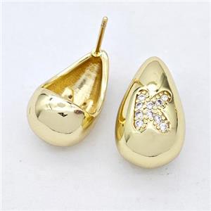 Copper Teardrop Stud Earring Pave Zirconia Letter-K Gold Plated, approx 11-18mm