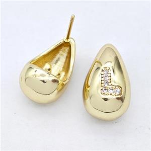 Copper Teardrop Stud Earring Pave Zirconia Letter-L Gold Plated, approx 11-18mm