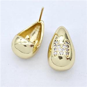 Copper Teardrop Stud Earring Pave Zirconia Letter-M Gold Plated, approx 11-18mm