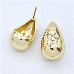 Copper Teardrop Stud Earring Pave Zirconia Letter-P Gold Plated, approx 11-18mm