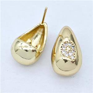 Copper Teardrop Stud Earring Pave Zirconia Letter-Q Gold Plated, approx 11-18mm