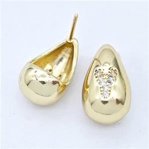 Copper Teardrop Stud Earring Pave Zirconia Letter-Y Gold Plated, approx 11-18mm