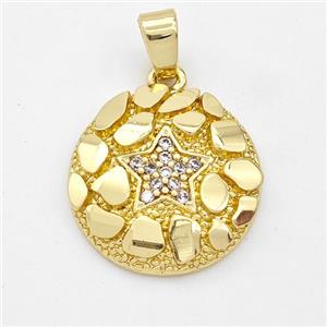 Copper Circle Pendant Micro Pave Zircon Star Nugget Gold Plated, approx 17.5mm