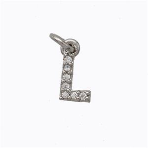 Copper Pendant Pave Zirconia Letter-L Platinum Plated, approx 6-9mm