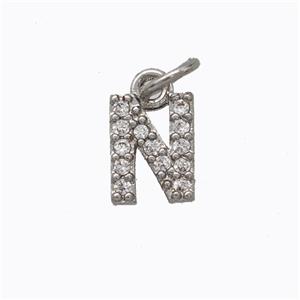 Copper Pendant Pave Zirconia Letter-N Platinum Plated, approx 6-9mm