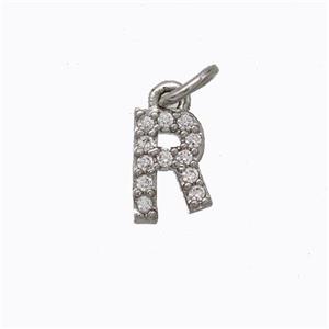 Copper Pendant Pave Zirconia Letter-R Platinum Plated, approx 6-9mm