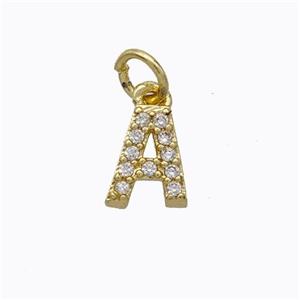 Copper Pendant Pave Zirconia Letter-A Gold Plated, approx 6-9mm