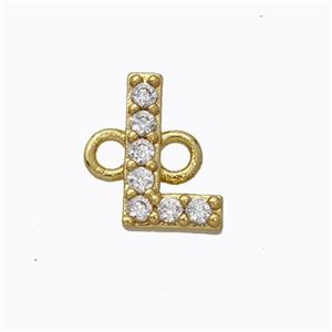 Copper Connector Pave Zirconia Letter-L Gold Plated, approx 8-9mm