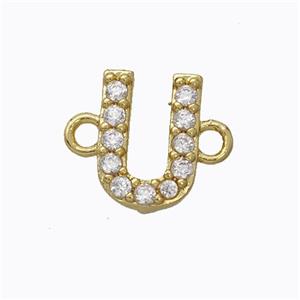 Copper Connector Pave Zirconia Letter-U Gold Plated, approx 8-9mm