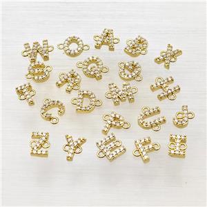 Copper Alphabet Connector Pave Zirconia Mixed Letters Gold Plated, approx 8-9mm